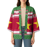 Suriname Christmas Kimono with Red-Green Knit Pattern, Yellow Star, and Santa Leopard Motif - Wonder Print Shop