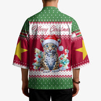 Suriname Christmas Kimono with Red-Green Knit Pattern, Yellow Star, and Santa Leopard Motif - Wonder Print Shop
