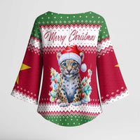 Suriname Christmas Kimono Sleeve Blouse with Red-Green Knit Pattern, Yellow Star, and Santa Leopard Motif - Wonder Print Shop