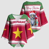 Suriname Christmas Kimono Sleeve Blouse with Red-Green Knit Pattern, Yellow Star, and Santa Leopard Motif - Wonder Print Shop
