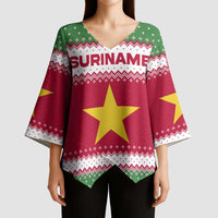 Suriname Christmas Kimono Sleeve Blouse with Red-Green Knit Pattern, Yellow Star, and Santa Leopard Motif - Wonder Print Shop