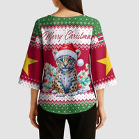 Suriname Christmas Kimono Sleeve Blouse with Red-Green Knit Pattern, Yellow Star, and Santa Leopard Motif - Wonder Print Shop