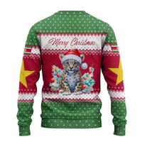 Suriname Christmas Ugly Christmas Sweater with Red-Green Knit Pattern, Yellow Star, and Santa Leopard Motif - Wonder Print Shop