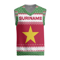 Suriname Christmas Knitted V-Neck Vest with Red-Green Knit Pattern, Yellow Star, and Santa Leopard Motif - Wonder Print Shop