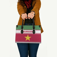 Suriname Christmas Leather Bag with Red-Green Knit Pattern, Yellow Star, and Santa Leopard Motif - Wonder Print Shop