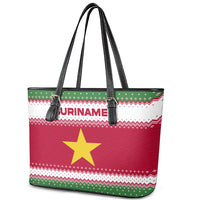 Suriname Christmas Leather Tote Bag with Red-Green Knit Pattern, Yellow Star, and Santa Leopard Motif - Wonder Print Shop