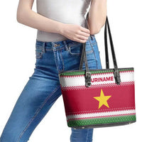 Suriname Christmas Leather Tote Bag with Red-Green Knit Pattern, Yellow Star, and Santa Leopard Motif - Wonder Print Shop