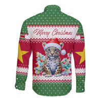 Suriname Christmas Long Sleeve Button Shirt with Red-Green Knit Pattern, Yellow Star, and Santa Leopard Motif - Wonder Print Shop
