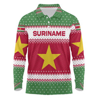 Suriname Christmas Long Sleeve Polo Shirt with Red-Green Knit Pattern, Yellow Star, and Santa Leopard Motif - Wonder Print Shop