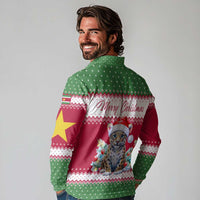 Suriname Christmas Long Sleeve Polo Shirt with Red-Green Knit Pattern, Yellow Star, and Santa Leopard Motif - Wonder Print Shop
