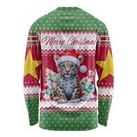 Suriname Christmas Long Sleeve Shirt with Red-Green Knit Pattern, Yellow Star, and Santa Leopard Motif - Wonder Print Shop