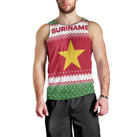 Suriname Christmas Men Tank Top with Red-Green Knit Pattern, Yellow Star, and Santa Leopard Motif - Wonder Print Shop