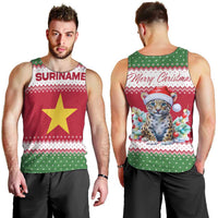 Suriname Christmas Men Tank Top with Red-Green Knit Pattern, Yellow Star, and Santa Leopard Motif - Wonder Print Shop