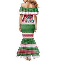 Suriname Christmas Mermaid Dress with Red-Green Knit Pattern, Yellow Star, and Santa Leopard Motif - Wonder Print Shop