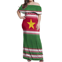 Suriname Christmas Off Shoulder Maxi Dress with Red-Green Knit Pattern, Yellow Star, and Santa Leopard Motif - Wonder Print Shop