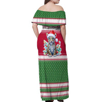 Suriname Christmas Off Shoulder Maxi Dress with Red-Green Knit Pattern, Yellow Star, and Santa Leopard Motif - Wonder Print Shop