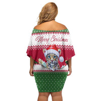 Suriname Christmas Off Shoulder Short Dress with Red-Green Knit Pattern, Yellow Star, and Santa Leopard Motif - Wonder Print Shop
