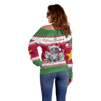 Suriname Christmas Off Shoulder Sweater with Red-Green Knit Pattern, Yellow Star, and Santa Leopard Motif - Wonder Print Shop