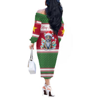 Suriname Christmas Off The Shoulder Long Sleeve Dress with Red-Green Knit Pattern, Yellow Star, and Santa Leopard Motif - Wonder Print Shop