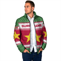 Suriname Christmas Padded Jacket with Red-Green Knit Pattern, Yellow Star, and Santa Leopard Motif - Wonder Print Shop