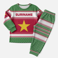 Suriname Christmas Pajama Set with Red-Green Knit Pattern, Yellow Star, and Santa Leopard Motif - Wonder Print Shop
