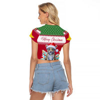 Suriname Christmas Raglan Cropped T Shirt with Red-Green Knit Pattern, Yellow Star, and Santa Leopard Motif - Wonder Print Shop