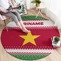 Suriname Christmas Round Carpet with Red-Green Knit Pattern, Yellow Star, and Santa Leopard Motif - Wonder Print Shop
