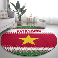 Suriname Christmas Round Carpet with Red-Green Knit Pattern, Yellow Star, and Santa Leopard Motif - Wonder Print Shop