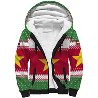 Suriname Christmas Sherpa Hoodie with Red-Green Knit Pattern, Yellow Star, and Santa Leopard Motif - Wonder Print Shop