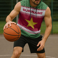 Suriname Christmas Sleeveless Hoodie with Red-Green Knit Pattern, Yellow Star, and Santa Leopard Motif - Wonder Print Shop