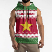 Suriname Christmas Sleeveless Zip Hoodie with Red-Green Knit Pattern, Yellow Star, and Santa Leopard Motif - Wonder Print Shop