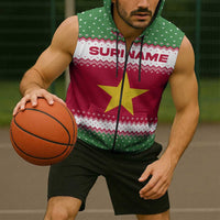 Suriname Christmas Sleeveless Zip Hoodie with Red-Green Knit Pattern, Yellow Star, and Santa Leopard Motif - Wonder Print Shop