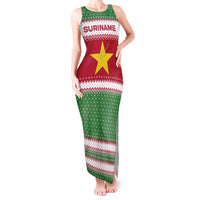 Suriname Christmas Tank Maxi Dress with Red-Green Knit Pattern, Yellow Star, and Santa Leopard Motif - Wonder Print Shop