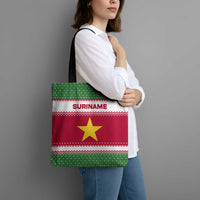 Suriname Christmas Tote Bag with Red-Green Knit Pattern, Yellow Star, and Santa Leopard Motif - Wonder Print Shop