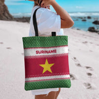 Suriname Christmas Tote Bag with Red-Green Knit Pattern, Yellow Star, and Santa Leopard Motif - Wonder Print Shop