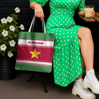 Suriname Christmas Tote Bag with Red-Green Knit Pattern, Yellow Star, and Santa Leopard Motif - Wonder Print Shop
