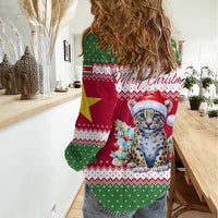 Suriname Christmas Women Casual Shirt with Red-Green Knit Pattern, Yellow Star, and Santa Leopard Motif - Wonder Print Shop