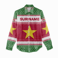 Suriname Christmas Women Casual Shirt with Red-Green Knit Pattern, Yellow Star, and Santa Leopard Motif - Wonder Print Shop