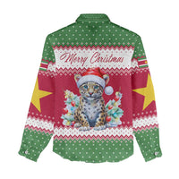 Suriname Christmas Women Casual Shirt with Red-Green Knit Pattern, Yellow Star, and Santa Leopard Motif - Wonder Print Shop