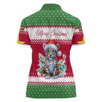 Suriname Christmas Women Polo Shirt with Red-Green Knit Pattern, Yellow Star, and Santa Leopard Motif - Wonder Print Shop