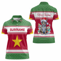 Suriname Christmas Women Polo Shirt with Red-Green Knit Pattern, Yellow Star, and Santa Leopard Motif - Wonder Print Shop