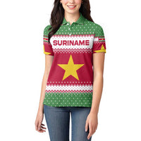 Suriname Christmas Women Polo Shirt with Red-Green Knit Pattern, Yellow Star, and Santa Leopard Motif - Wonder Print Shop