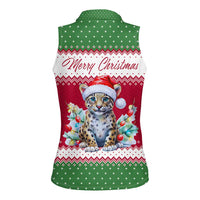 Suriname Christmas Women Sleeveless Polo Shirt with Red-Green Knit Pattern, Yellow Star, and Santa Leopard Motif - Wonder Print Shop