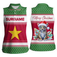 Suriname Christmas Women Sleeveless Polo Shirt with Red-Green Knit Pattern, Yellow Star, and Santa Leopard Motif - Wonder Print Shop