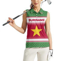 Suriname Christmas Women Sleeveless Polo Shirt with Red-Green Knit Pattern, Yellow Star, and Santa Leopard Motif - Wonder Print Shop