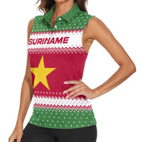 Suriname Christmas Women Sleeveless Polo Shirt with Red-Green Knit Pattern, Yellow Star, and Santa Leopard Motif - Wonder Print Shop