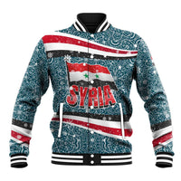 Syria Christmas Baseball Jacket with National Flag Motif, Coat of Arms Eagle, and Festive Snowflake Pattern - Wonder Print Shop