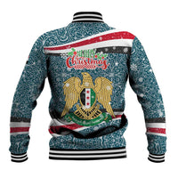 Syria Christmas Baseball Jacket with National Flag Motif, Coat of Arms Eagle, and Festive Snowflake Pattern - Wonder Print Shop