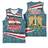 Syria Christmas Basketball Jersey with National Flag Motif, Coat of Arms Eagle, and Festive Snowflake Pattern - Wonder Print Shop