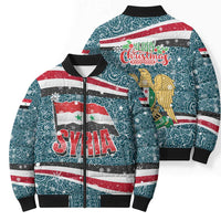 Syria Christmas Bomber Puffer Jacket with National Flag Motif, Coat of Arms Eagle, and Festive Snowflake Pattern - Wonder Print Shop